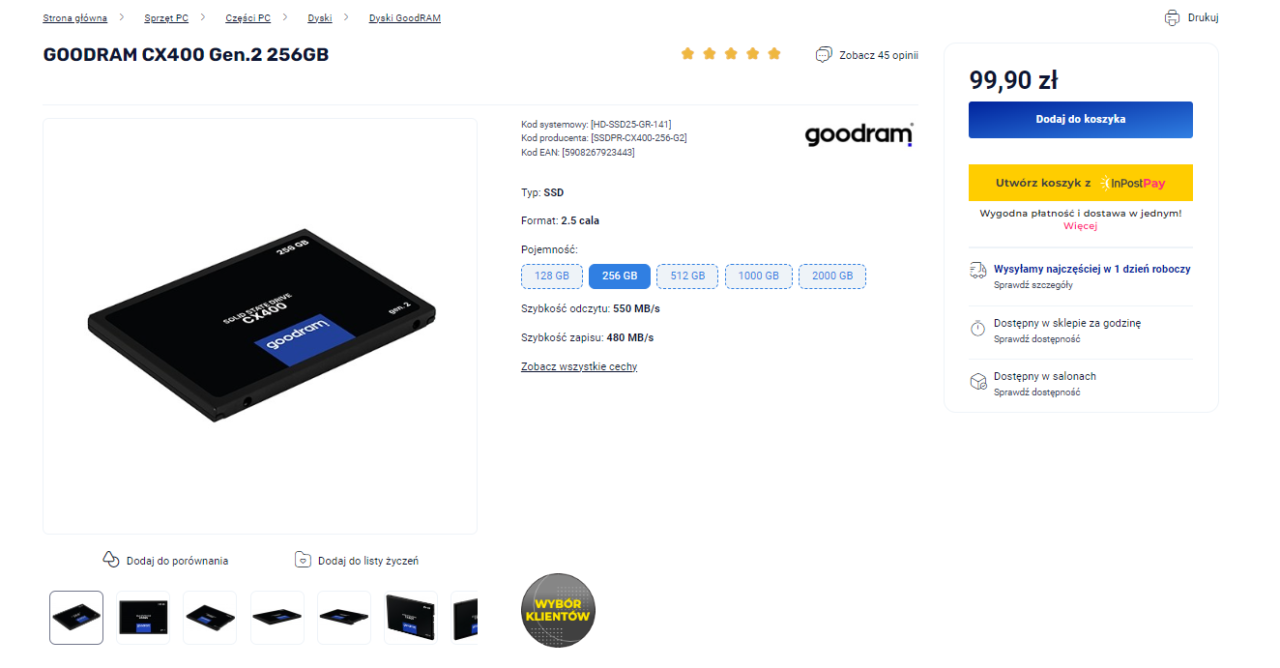 Dysk SSD GOODRAM CX400 Gen.2 o pojemności 256 GB prezentowany na stronie sklepu internetowego, z ceną 99,90 zł i opcjami dodania do koszyka, porównania oraz listy życzeń.