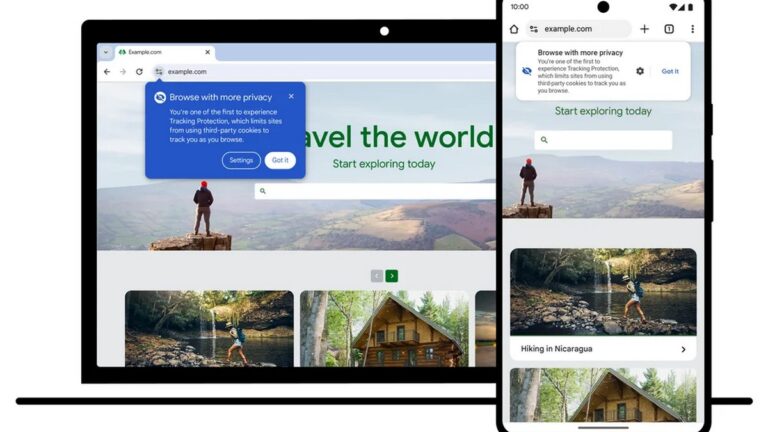 Zrzut ekranu strony internetowej na urządzeniu mobilnym po lewej i laptopie po prawej przedstawiający stronę podróżniczą z hasłem "Travel the world", wyskakującym okienkiem o ochronie prywatności oraz zdjęciami krajobrazów i aktywności na świeżym powietrzu.