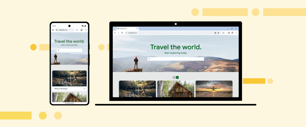 Grafika prezentująca wersję mobilną i desktopową strony internetowej o tematyce podróżniczej z hasłem „Travel the world. Start exploring today” i przyciskiem wyszukiwania, oraz przykładowymi zdjęciami miejsc turystycznych na dole.