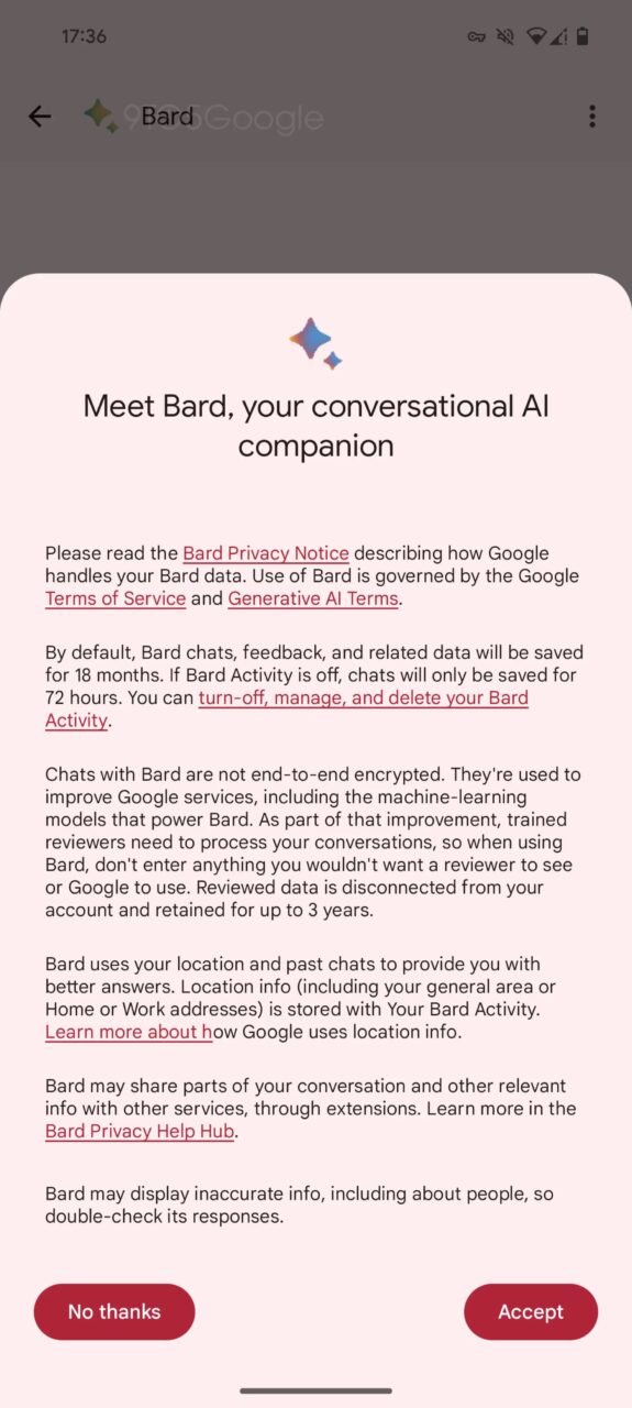 Zrzut ekranu aplikacji mobilnej z informacjami o prywatności i warunkach użytkowania dla Bard, konwersacyjnego AI od Google, z przyciskami "No thanks" i "Accept" na dole.