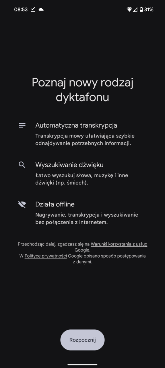 Recenzja Google Pixel 8 Pro. Aplikacja dyktafon i funkcja automatycznej transkrypcji