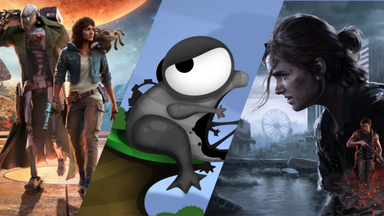 Kolaż trzech obrazów przedstawiających postacie z gier wideo na 2024 rok: po lewej strony kobieta i robot na tle fantastycznego krajobrazu, w środku sympatyczna, kreskówkowa żaba na gałęzi, a po prawej kobieta w akcji w postapokaliptycznym środowisku.