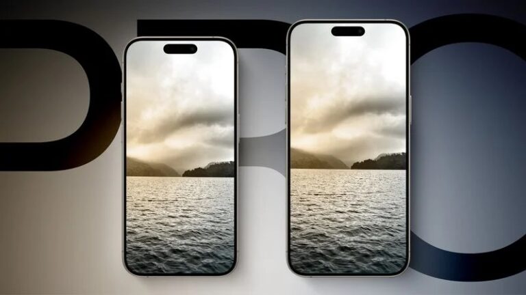 Dwa smartfony iPhone 16 z przednią cześcią pokazującą scenę zachmurzonego nieba nad jeziorem, ujęte między literami "P" i "C".