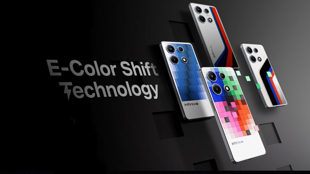 Reklama smartfonów Infinix z technologią E-Color Shift, przedstawiająca różne modele telefonów z unikalnymi, kolorowymi wzorami na tylnym panelu.