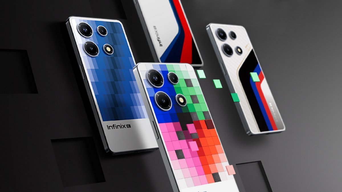 Trzy smartfony Infinix z różnymi kolorowymi wzorami na tylnej stronie, ułożone w poziomie na ciemnym tle z geometrycznymi kształtami.