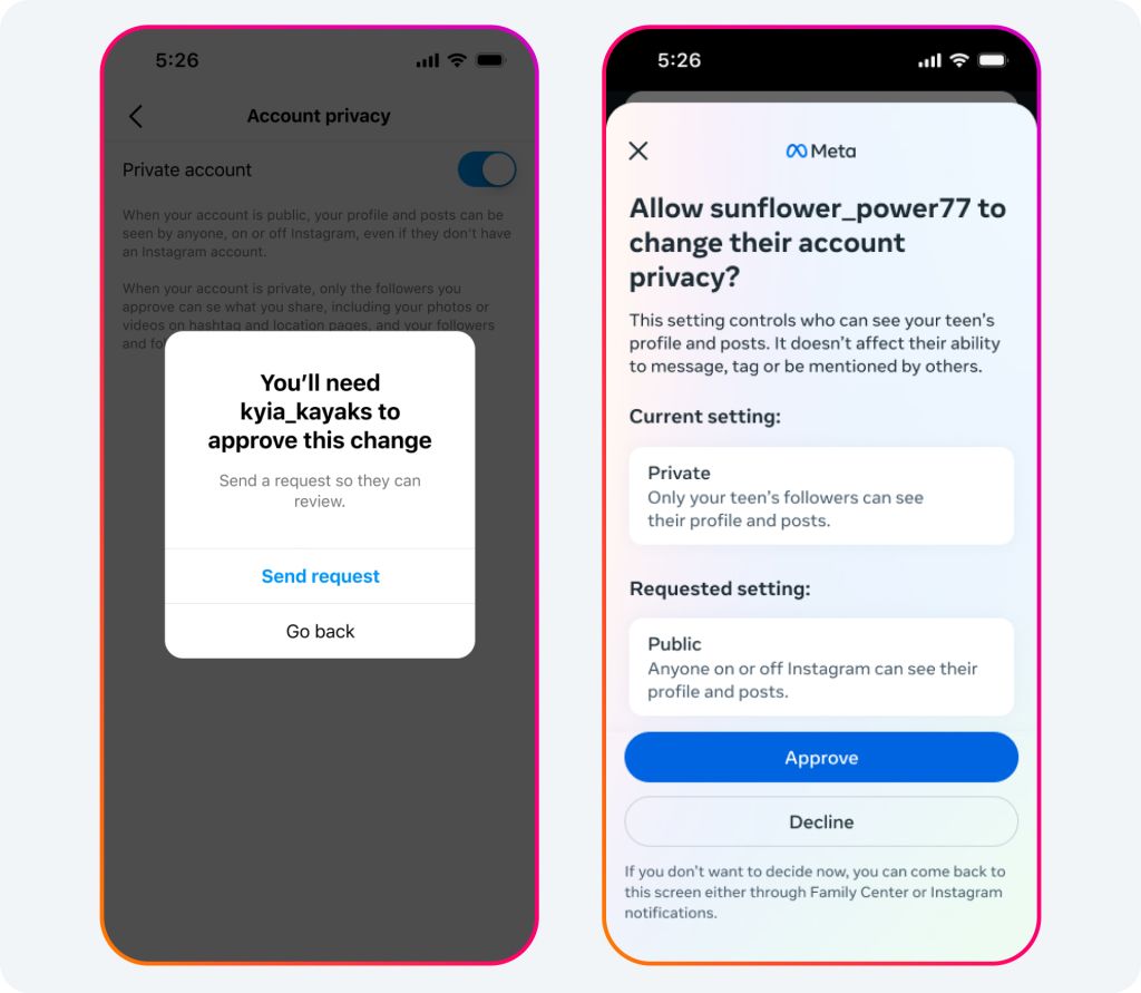 Zwei Screenshots der Instagram-App, die die Datenschutzeinstellungen eines Kontos zeigen, mit einer Meldung, die die Zustimmung des Erziehungsberechtigten erfordert, um die Datenschutzeinstellungen zu ändern.