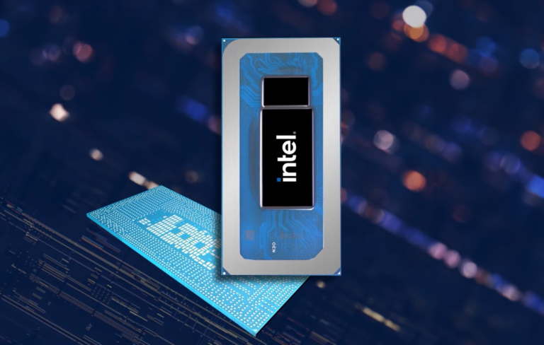 Procesor Intel ukazany w pozycji pionowej z rozmytym tłem przedstawiającym światła i elektronikę.