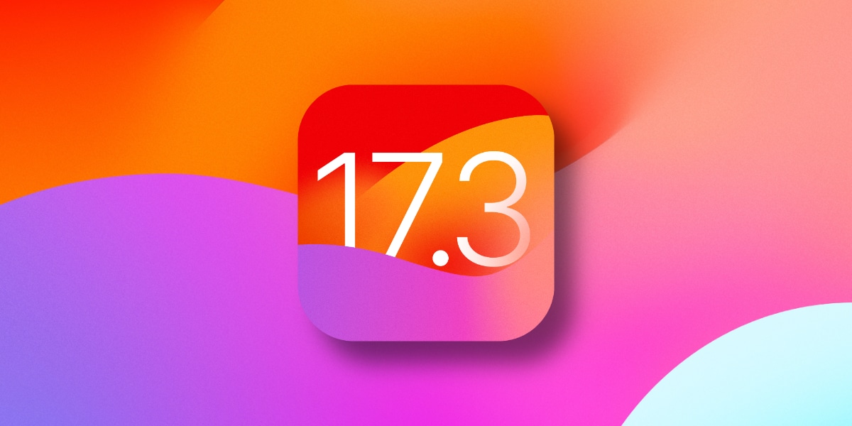 Ícone iOS 17.3 com cantos arredondados com versão 17.3 em fundo gradiente em tons de laranja, vermelho, roxo e rosa.