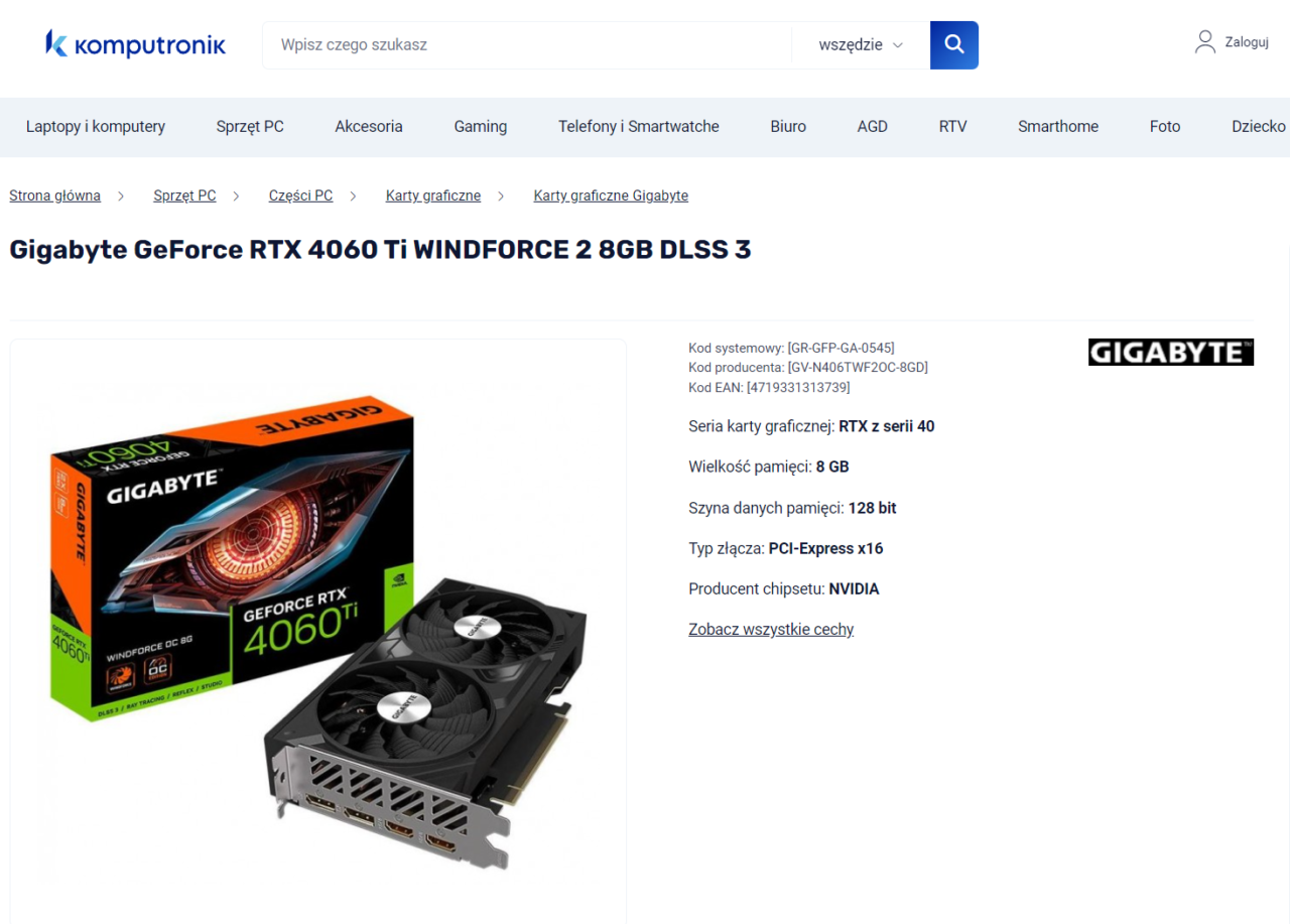 Opakowanie i karta graficzna Gigabyte GeForce RTX 4060 Ti z logotypem firmy na jednym z rogu strony, otoczone specyfikacjami technicznymi produktu na stronie sklepu internetowego komputronik.
