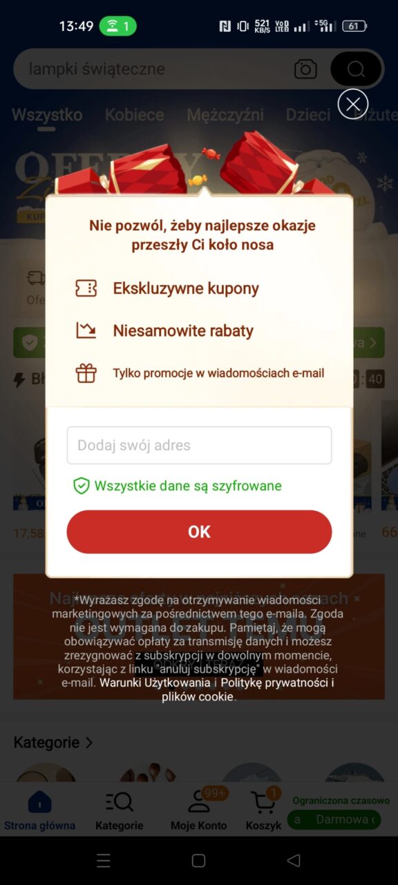 Zrzut ekranu aplikacji mobilnej sklepu Temu z wyskakującym oknem zachęcającym do subskrypcji newslettera z ekskluzywnymi kuponami i rabatami.