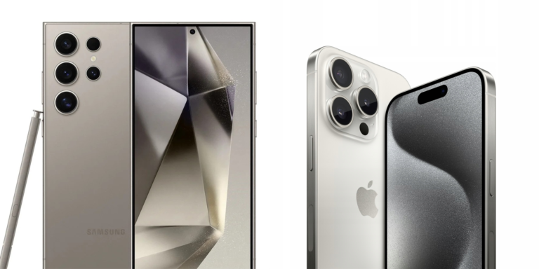 Porównanie dwóch smartfonów: z lewej strony złoty Samsung Galaxy S24 Ultra z rysikiem i potrójnym aparatem na tyle, z prawej strony srebrny iPhone 15 Pro z potrójnym aparatem i przednią częścią z niewidocznym tłem.