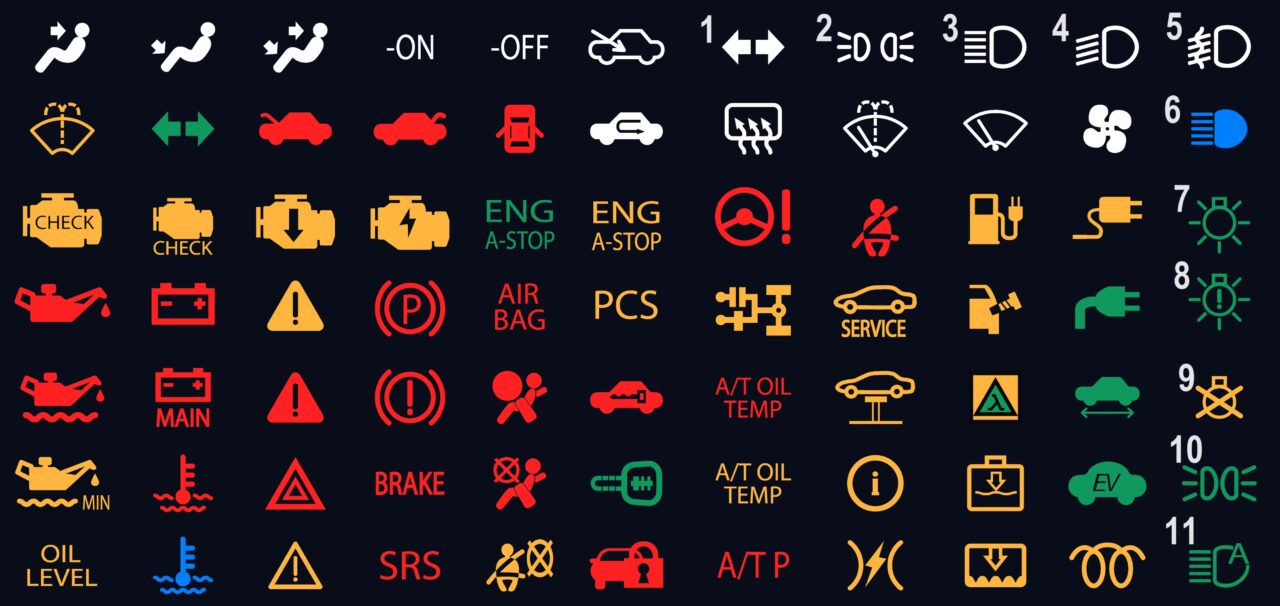 grafika przedstawiająca kontrolki w samochodzie na czarnym tle