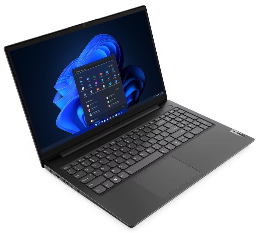 Um laptop preto com uma tela aberta exibindo a interface gráfica do usuário do Windows e o menu Iniciar, teclado e touchpad, posicionados em ângulo.