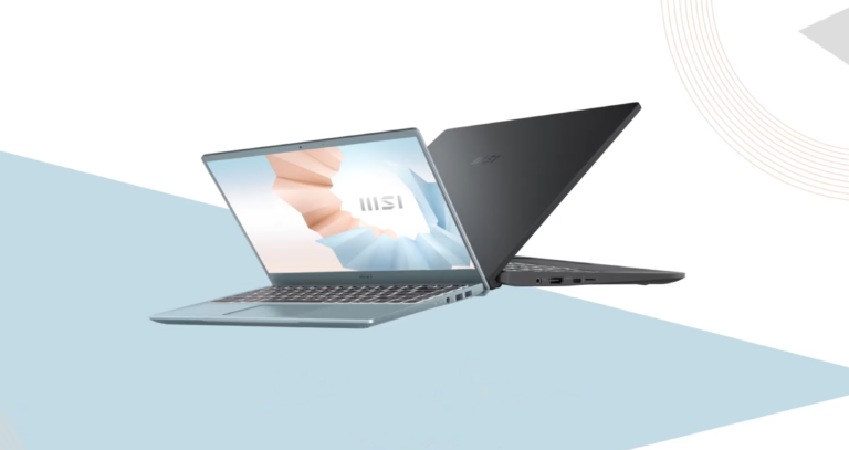 Dwa laptopy MSI, jeden otwarty frontalnie i drugi odwrócony tyłem, na abstrakcyjnym tle z geometrycznymi kształtami w odcieniach błękitu i beżu.