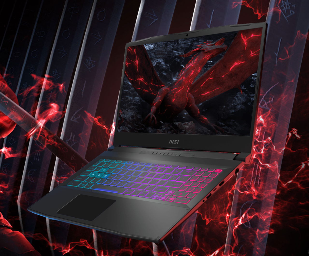 Laptop dla graczy marki MSI z podświetlaną klawiaturą RGB na tle czerwonych, energetycznych linii przywodzących na myśl magię lub cyberprzestrzeń.