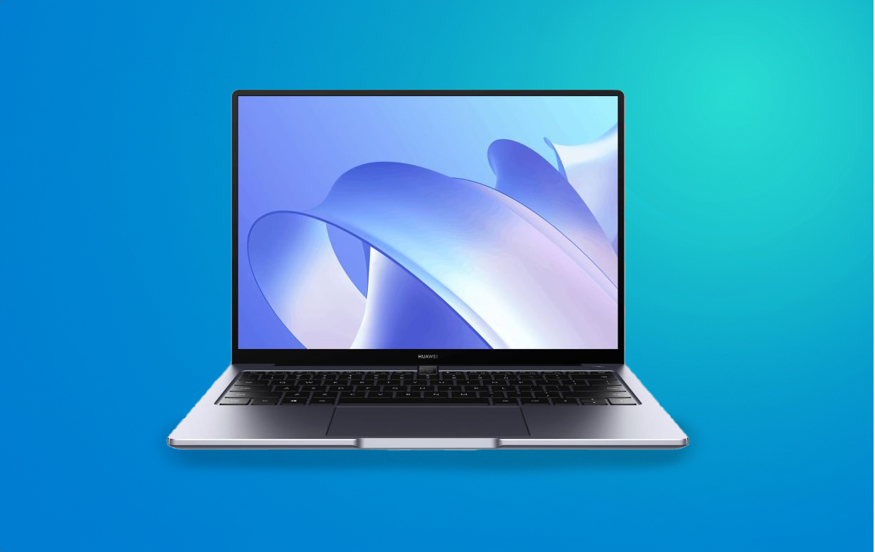 Laptop marki Huawei na niebieskim tle, z otwartą pokrywą i widocznym ekranem wyświetlającym grafikę w odcieniach niebieskiego.