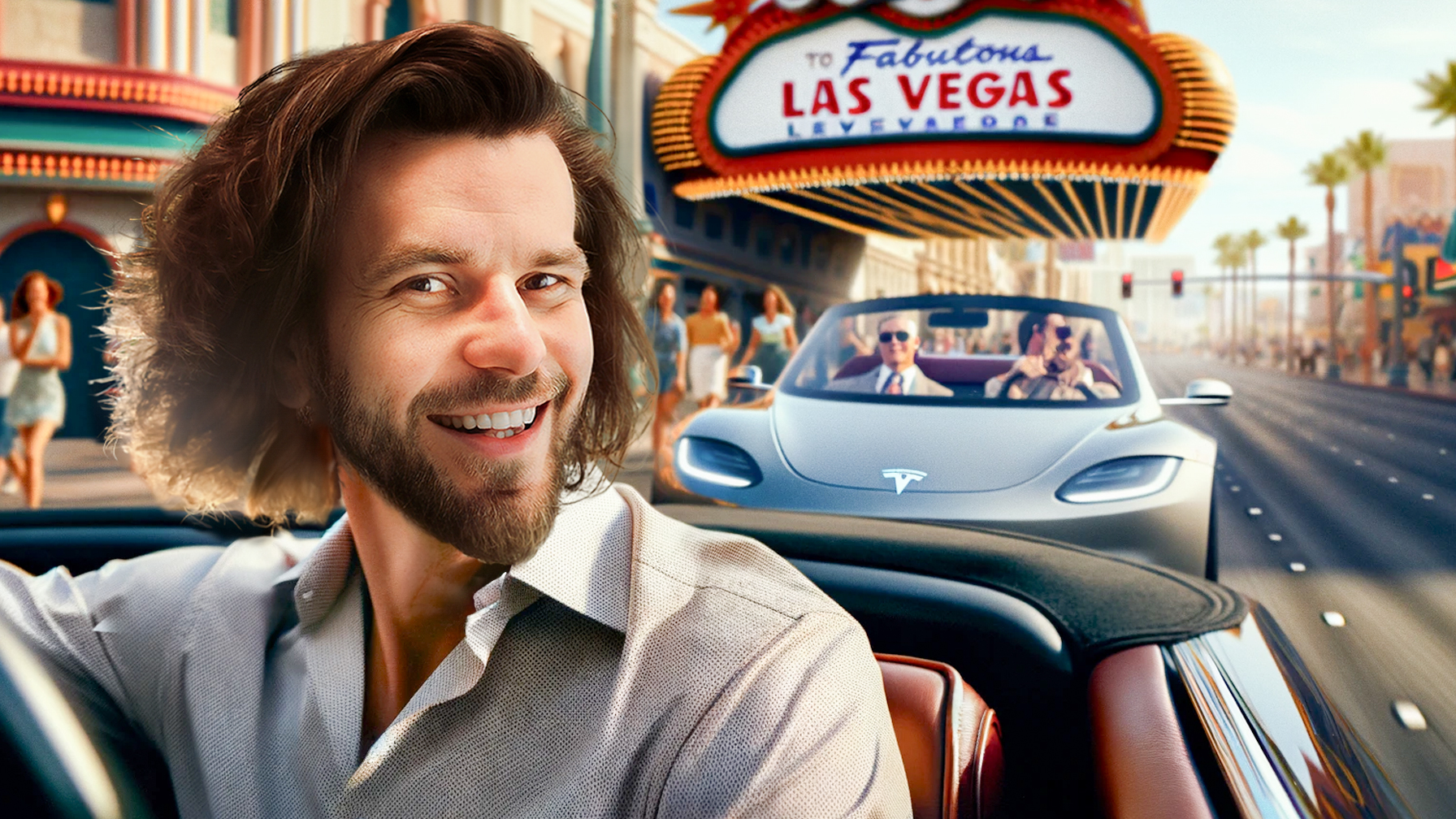 Zdjęcie uśmiechniętego mężczyzny z bujną brązową brodą i włosami, siedzącego za kierownicą kabrioletu. Na tle widać charakterystyczny znak "Welcome to Fabulous Las Vegas" oraz barwną ulicę Vegas z ludźmi i innymi kabrioletami; w tym jeden z logo Tesli i czerwoną strzałką symbolizującą ruch w prawo.