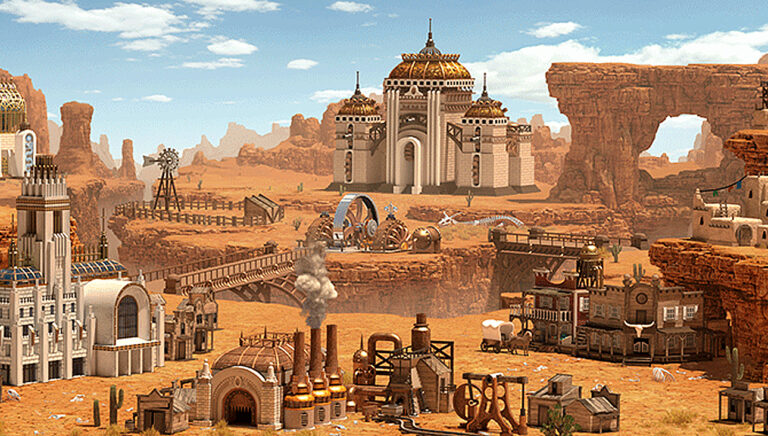 Animowany pejzaż przedstawiający fantastyczną pustynną scenerię z kolorowymi budynkami o elementach architektury steampunkowej, wielkimi łukami skalnymi w tle i elementami przemysłowymi. Screen z dodatku do Heroes 3 Horn of the Abbys