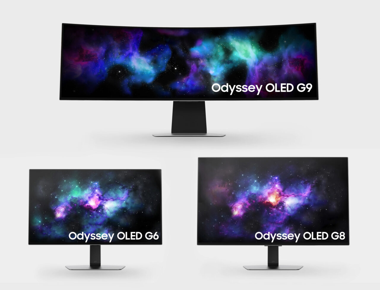 Trzy monitory z serii Odyssey OLED - G9, G6, G8, na każdym wyświetlony kosmiczny pejzaż.