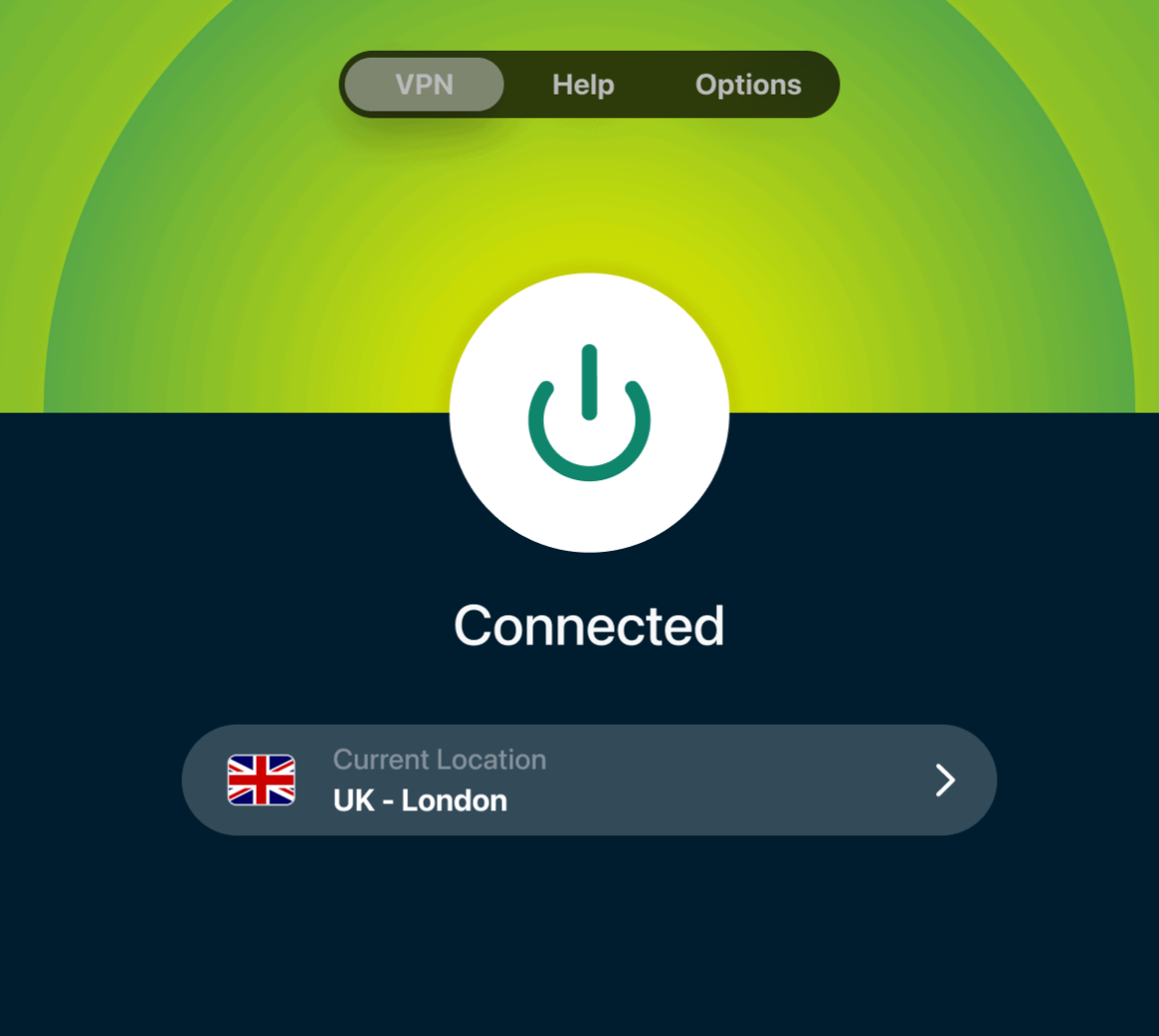 Interfejs użytkownika aplikacji VPN z przyciskiem włącz/wyłącz, status połączenia "Connected" i wybraną lokalizacją "UK - London".