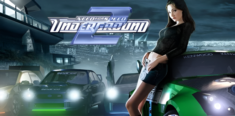 Grafika promocyjna gry "Need for Speed Underground 2" z kobietą oparta o zmodyfikowany samochód sportowy na tle miejskiego krajobrazu nocą.