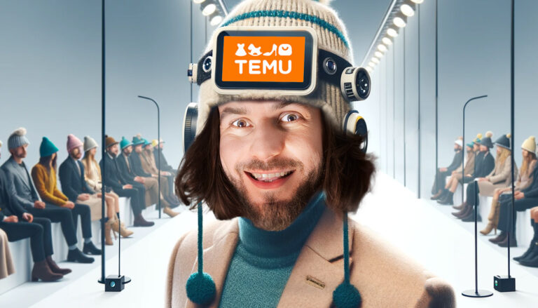 Mężczyzna w ciepłej zimowej czapce z naszywką "TEMU" na przodzie, otoczony przez wielokrotne odbicia się w lustrze z szeregiem ludzi siedzących w tle.