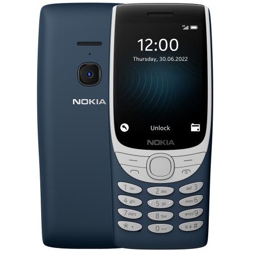 niebieski klasyczny telefon komórkowy nokia 8210 z włączonym ekranem wyświetlający godzinę 12:00