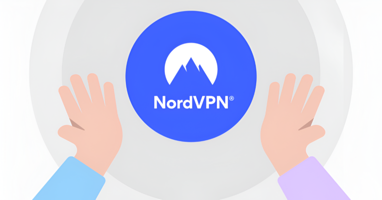 Ilustracja przedstawia dwie dłonie uniesione w kierunku koła z logo NordVPN w środku.