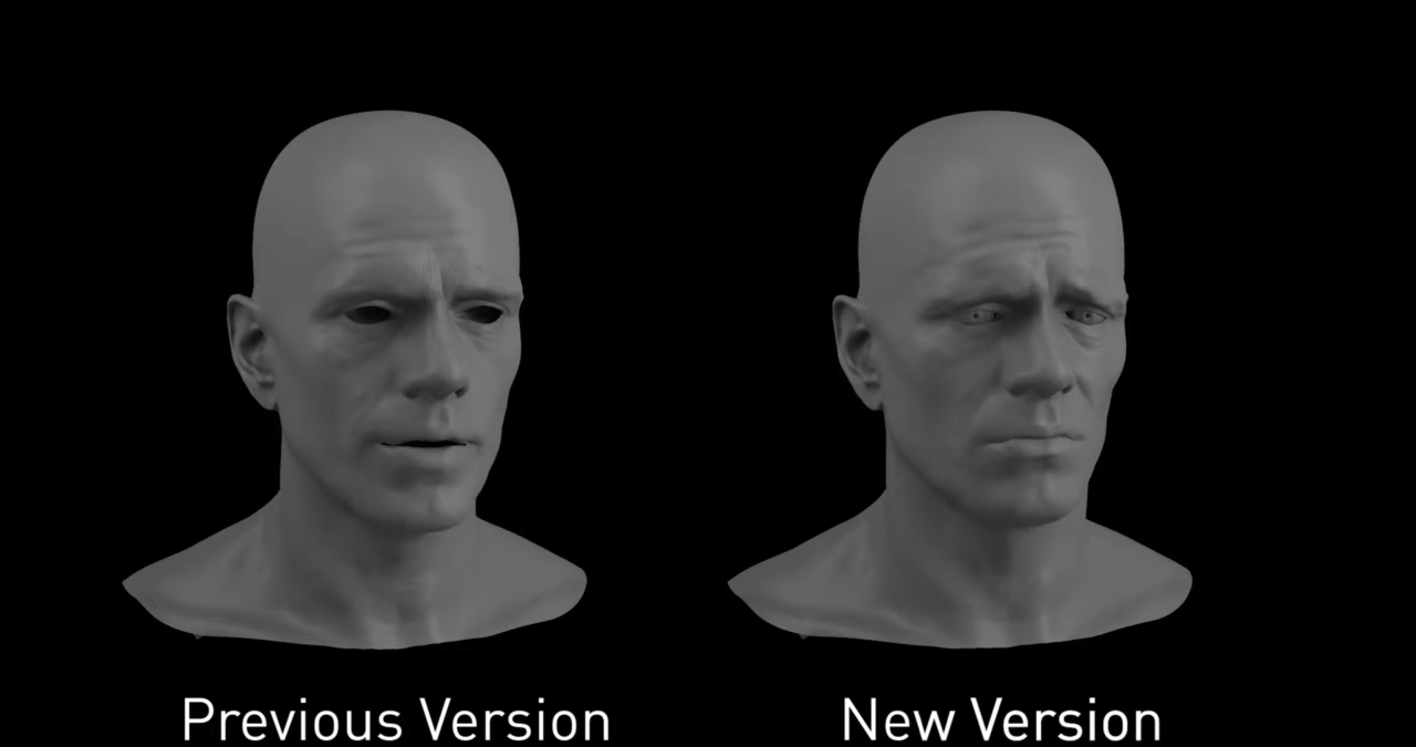 Porównanie dwóch wersji cyfrowych modeli 3D w NVIDIA Audio2Face głowy mężczyzny, z lewej strony "Poprzednia Wersja", z prawej "Nowa Wersja", obie na czarnym tle.