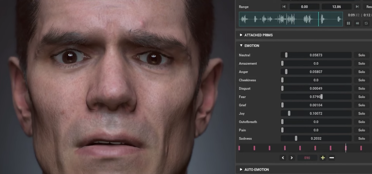 Graficzny interfejs użytkownika programu NVIDIA ACE do animacji z suwakami do regulacji emocji postaci, na pierwszym planie twarz cyfrowego modelu ludzkiego z wyrazem strachu, a na drugim planie widoczny ekran komputera z suwakami do regulowania intensywności emocji takich jak neutralność, zdumienie, gniew, figlarność, obrzydzenie, strach, smutek, radość czy ból.