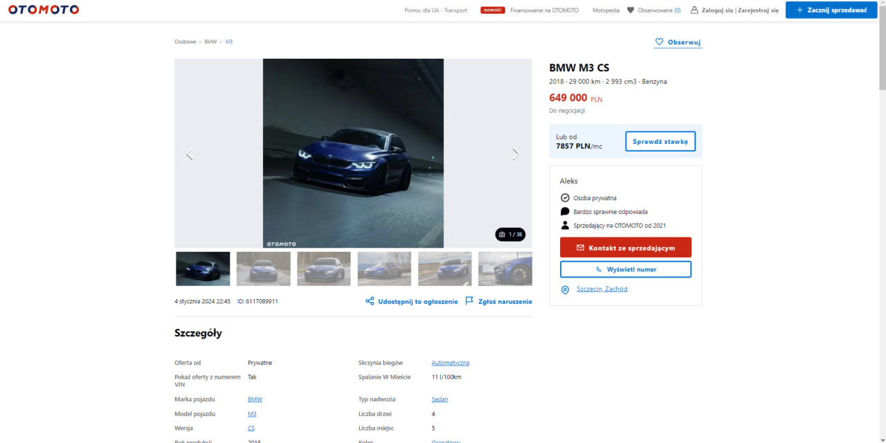 Strona internetowa OTOMOTO z ofertą sprzedaży samochodu BMW M3 CS z 2018 roku, prezentująca główne zdjęcie czarnego samochodu z włączonymi światłami w garażowym otoczeniu oraz interfejs użytkownika z ceną, szczegółami oferty i miniaturami dodatkowych zdjęć pojazdu.