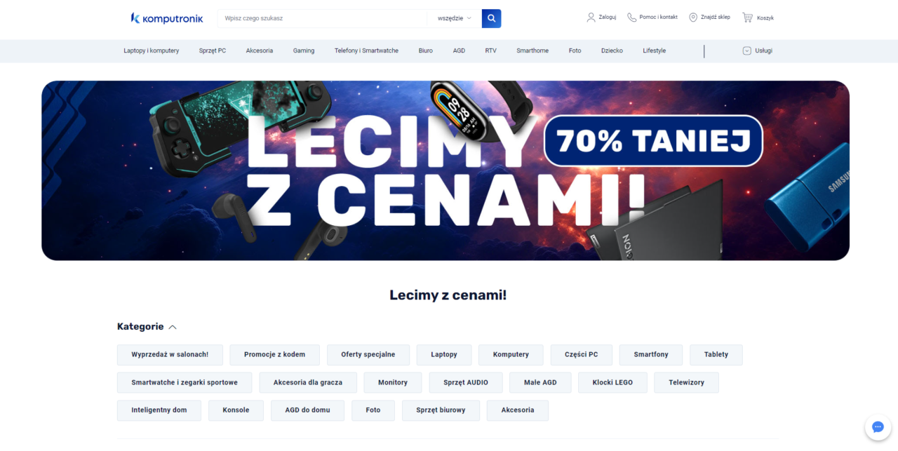 Strona internetowa sklepu Komputronik z hasłem promocyjnym "LECIMY Z CENAMI" i grafiką przedstawiającą elektronikę użytkową oraz rabatem "70% TANIEJ". Na dole znajduje się menu z kategoriami produktów.