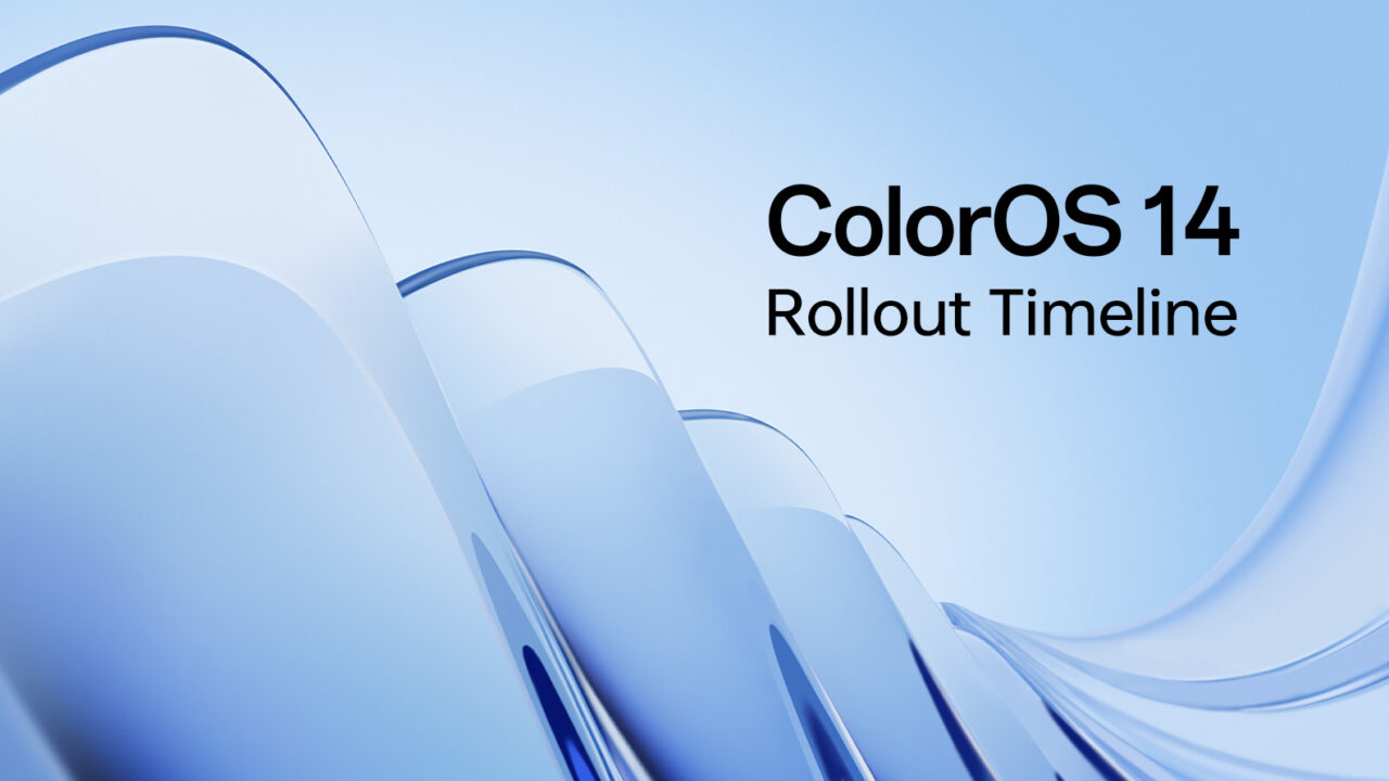Abstrakcyjne, niebieskie kształty z dobrze widocznym tekstem "ColorOS 14 Rollout Timeline" na środku.