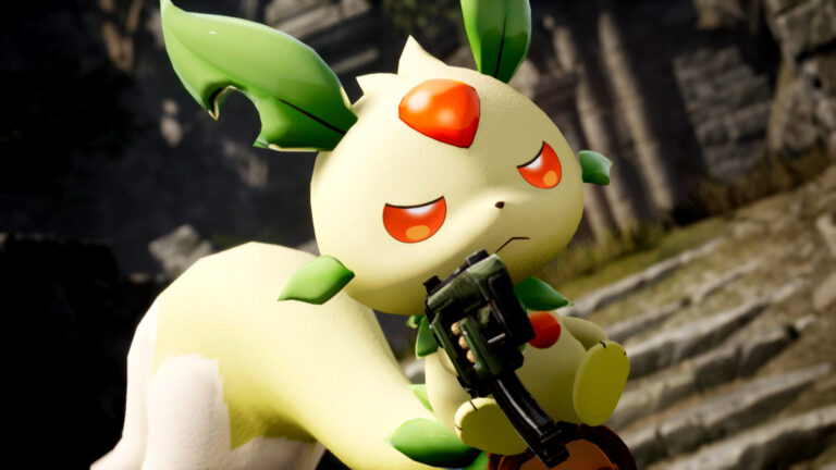 Postać Pokémona Roserade trzymająca pistolet w otoczeniu przypominającym ruiny.