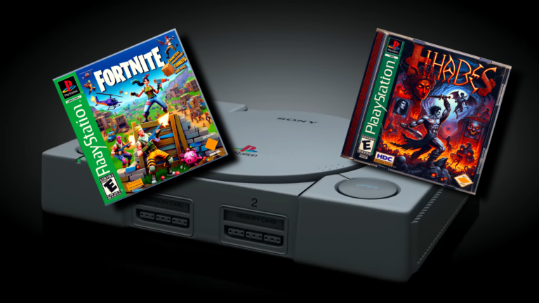 Pierwsze PlayStation z dwiema stojącymi obok niej grami w pudełkach: "Fortnite" i "Hades".