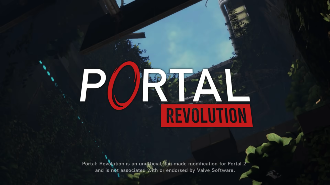 Zdjęcie z logo "PORTAL REVOLUTION", gry dostępnej na Steam, na przodzie, z roślinnością i fragmentami budynków w tle, oraz informacją, że jest to nieoficjalna modyfikacja fanowska gry Portal 2, nie powiązana ani nie zatwierdzona przez Valve Software.