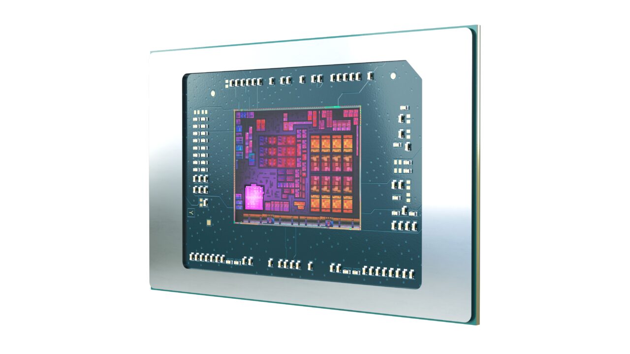 Procesor komputerowy z widocznymi rdzeniami i elementami scalonymi, umieszczony na płycie krzemowej, prezentowany w perspektywie 3D.