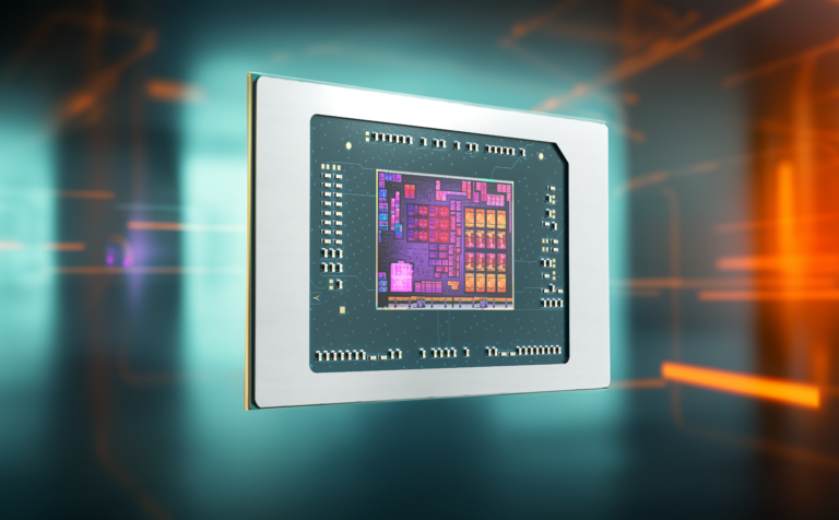 Procesor komputerowy AMD Ryzen 8040 unosi się na tle rozmytych, cyfrowych linii w odcieniach niebieskiego i pomarańczowego.
