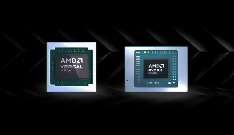 Dwa procesory AMD na ciemnym tle z efektem świetlnym – po lewej procesor AMD VERSAL AI Edge, po prawej AMD Ryzen Embedded.