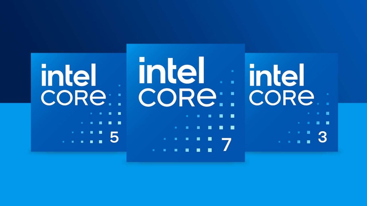 Trzy niebieskie prostokątne panele z białym logo Intel Core i oznaczeniami i5, i7 oraz i3, ustawione na ciemnoniebieskim tle.