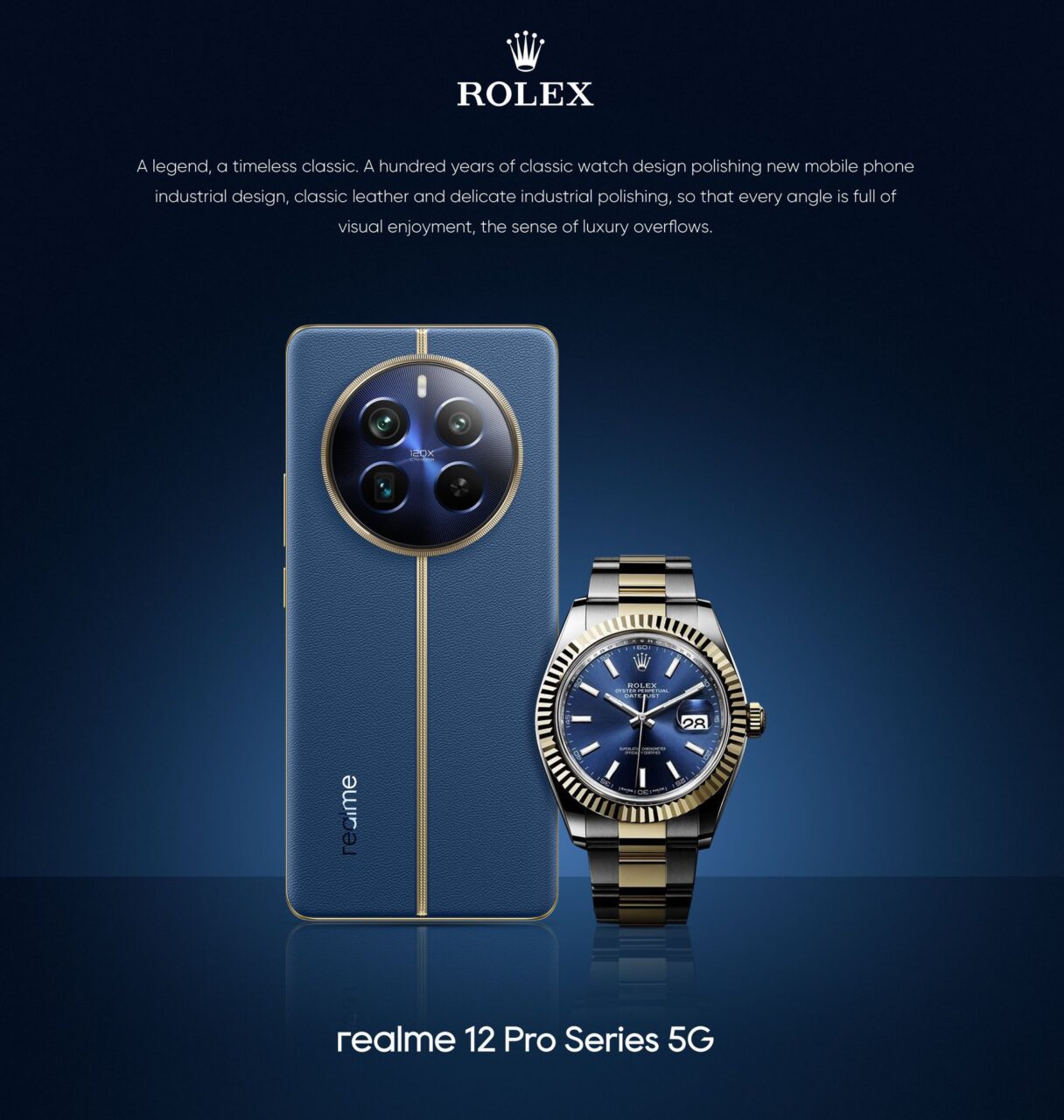 Smartfon Realme 12 Pro Series 5G w niebieskim kolorze z wyrazistym designem obok złotego zegarka na niebieskim tle z logotypem Rolex i tekstem o klasycznym wzornictwie zegarków.