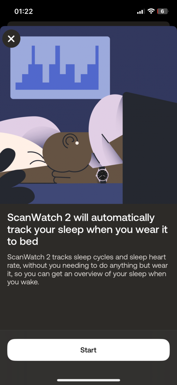 Aplikacja na smartfonie z ilustracją kreskówkowej postaci śpiącej w łóżku z zegarkiem na ręce, wykresem snu na górze ekranu oraz tekstem informującym o automatycznym monitorowaniu snu podczas użytkowania zegarka ScanWatch 2. Na dole przycisk "Start".