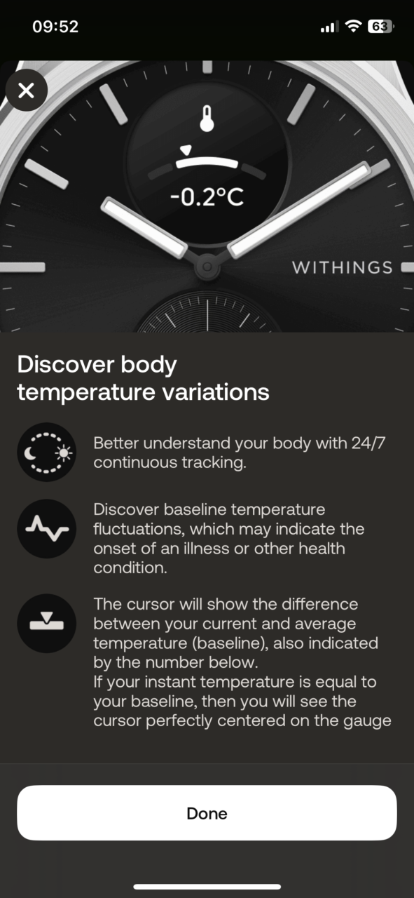 Zrzut ekranu interfejsu użytkownika aplikacji monitorującej temperaturę ciała na smartfonie, wyświetlający stylizowany zegar z wskazaniem temperatury -0,2°C i informacje o śledzeniu temperatury ciała 24/7.