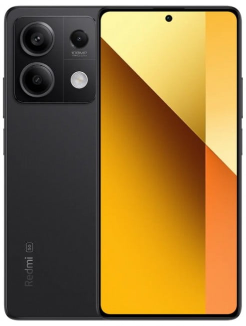 Smartfon Redmi z trzema aparatami fotograficznymi i lampą błyskową na tylnej stronie oraz ekranem z kolorowym gradientowym tłem i widocznym przodkiem.