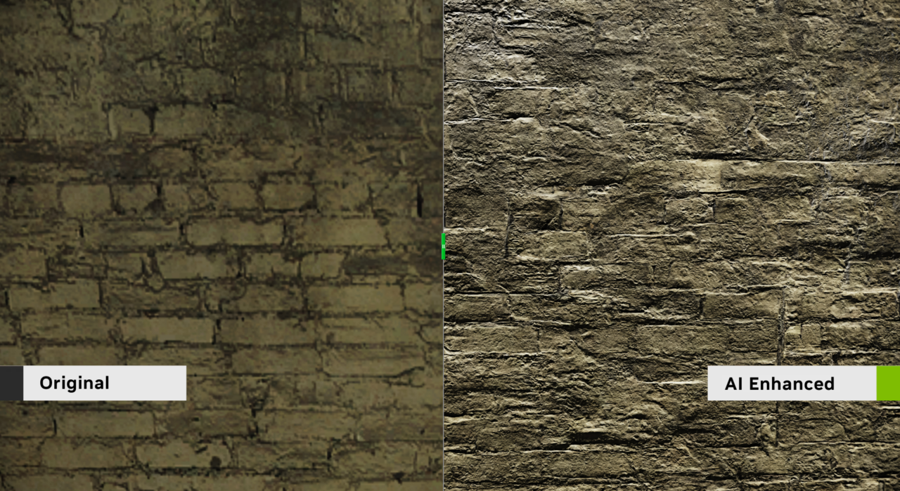 Porównanie dwóch zdjęć ściany z cegły. Po lewej stronie "Original" - ciemne i rozmazane zdjęcie. Po prawej "AI Enhanced" - jasne, wyraźne i szczegółowe zdjęcie.
