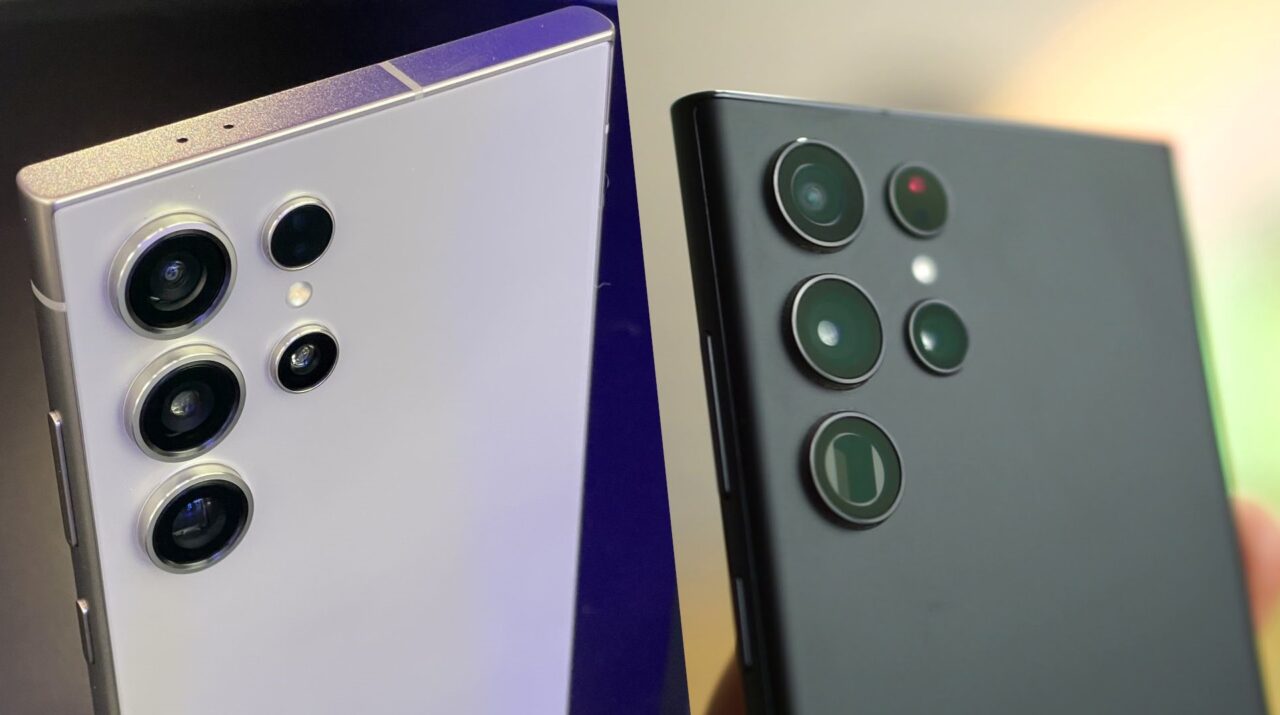 Zdjęcie dwóch smartfonów Samsung Galaxy S24 Ultra z Galaxy AI oraz Samsung Galaxy S22 Ultra, z bliska, ukazujące ich układy aparatów fotograficznych. Po lewej stronie biały smartfon z czterema obiektywami i lampą błyskową, po prawej czarny smartfon z trzema obiektywami i sensorem.