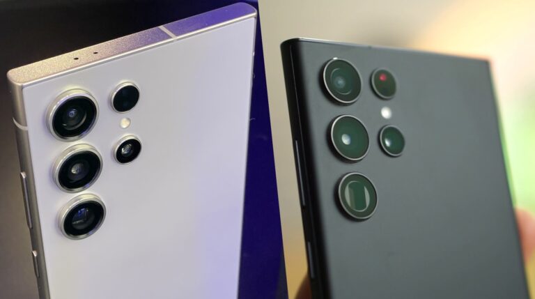 Zdjęcie dwóch różnych smartfonów: Samsung Galaxy S24 Ultra oraz Samsung Galaxy S22 Ultra, z bliska, ukazujące ich układy aparatów fotograficznych. Po lewej stronie biały smartfon z czterema obiektywami i lampą błyskową, po prawej czarny smartfon z trzema obiektywami i sensorem.
