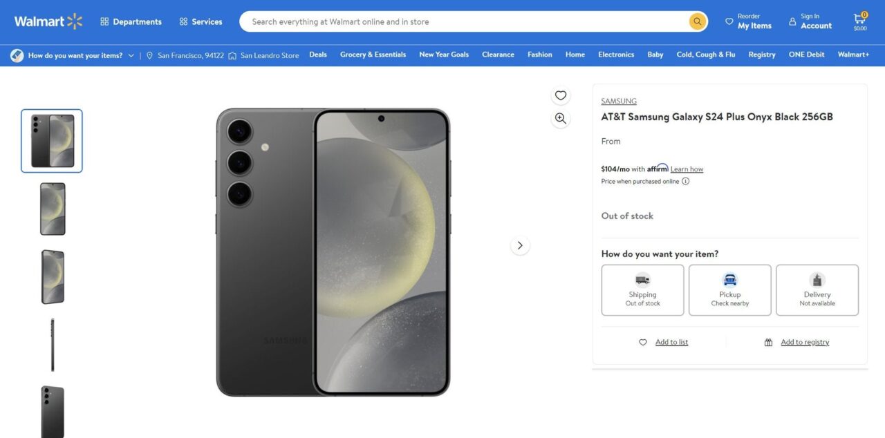 Zrzut ekranu strony internetowej Walmart z widocznym smartfonem Samsung Galaxy S24 Plus w kolorze Onyx Black o pojemności 256GB, który jest obecnie niedostępny.