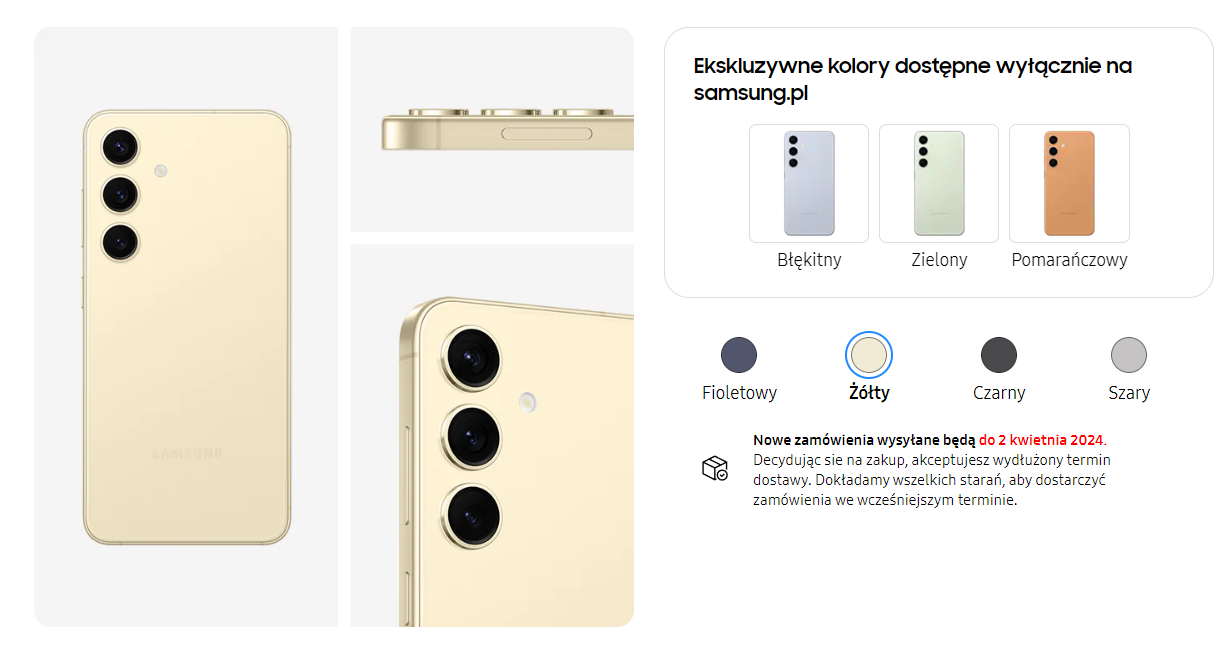 Smartfon Samsung w kolorze złotym z widokiem z tyłu i boku, a obok cztery smartfony w kolorach: błękitnym, zielonym, pomarańczowym z informacją o ekskluzywnych kolorach dostępnych na samsung.pl oraz wskazówką o nowych zamówieniach wysyłanych do 2 kwietnia 2024.