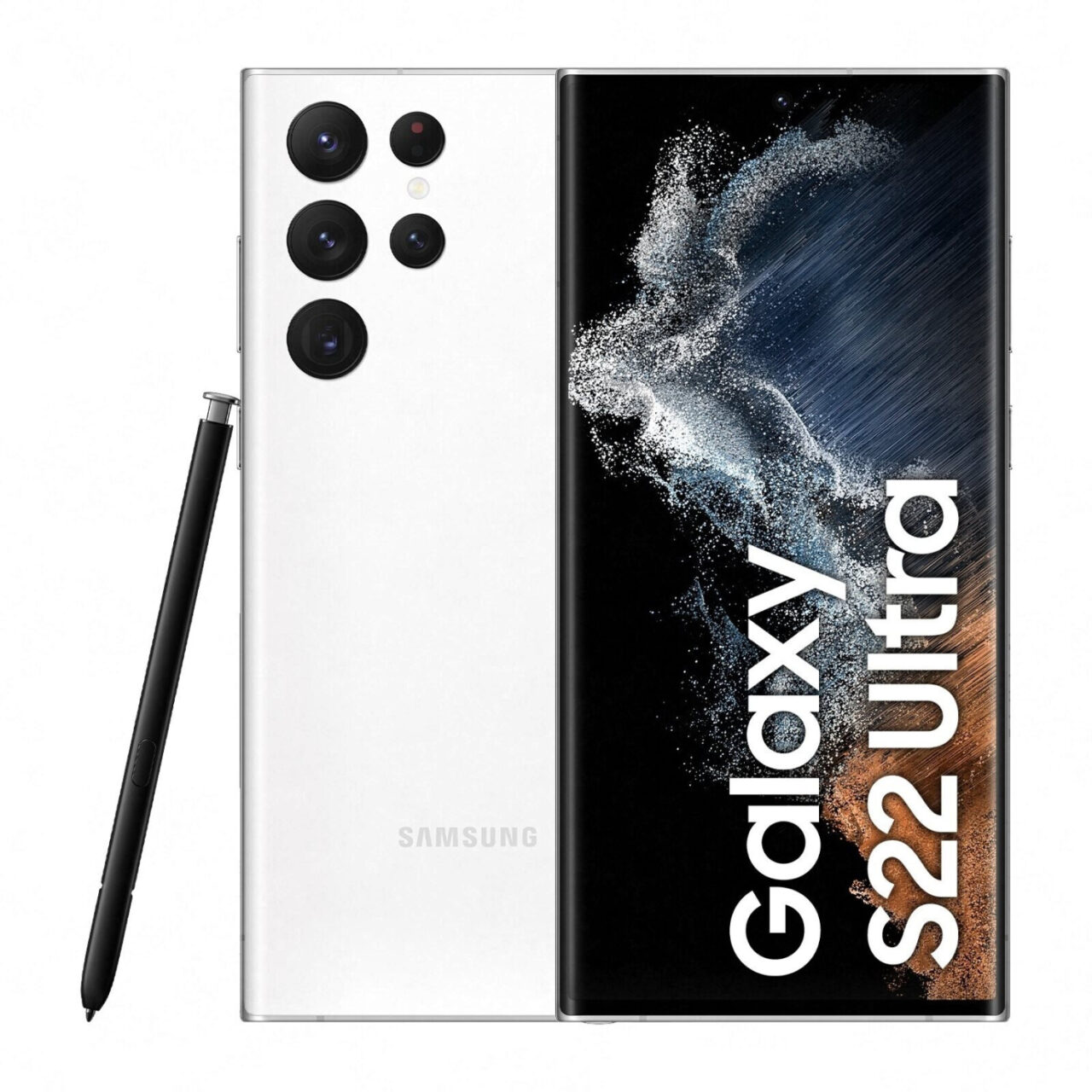 Samsung Galaxy S22 Ultra w kolorze białym z piórem S Pen obok, ukazujący tył telefonu z pięcioma obiektywami kamery i przednią część z ekranem wyświetlającym grafikę kosmosu oraz nazwę modelu.